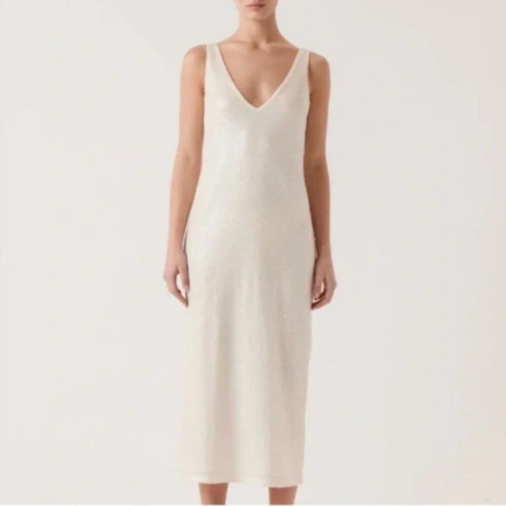Sophie Rue Cream Sequin V-Neck Slip Midi Dress Size XS